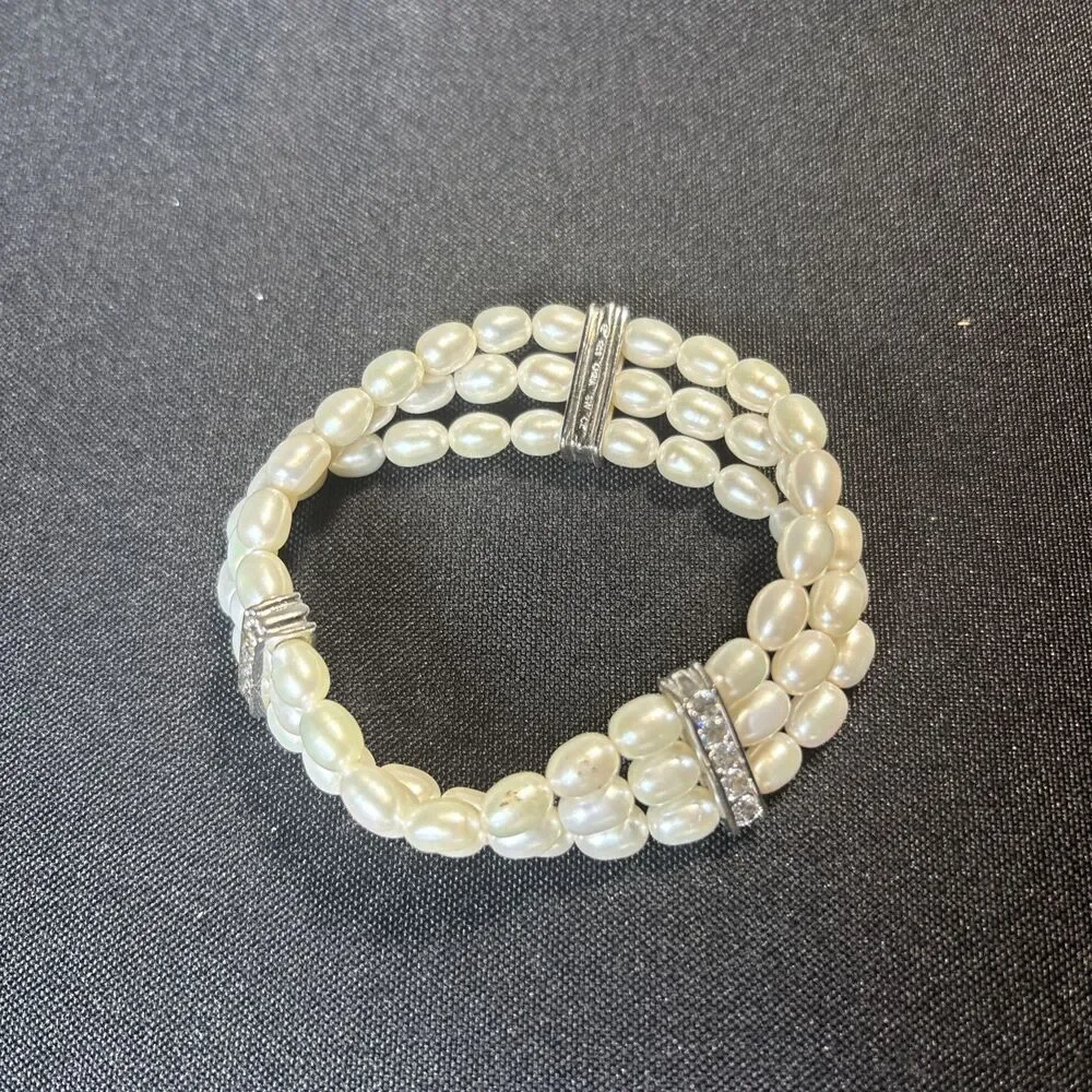 Three strand pearl and rhinestone bracelet costume jewelry